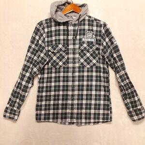 Maui Built Mens Long Sleeve Hoodie Button Shirt Sz.Small/Green Gray Plaid